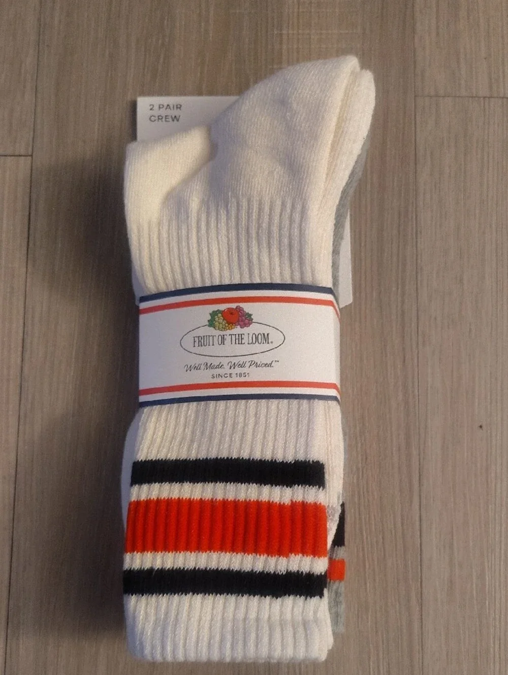 Fruit of the Loom Men’s Cream Crew Socks with Red & Navy Stripes - 2 Pair